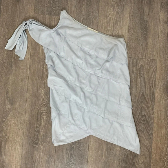 BCBG Women's Mini Dress Tiered Layered Ruffle One Shoulder Tie Sleeve Pale blue - Picture 4 of 16